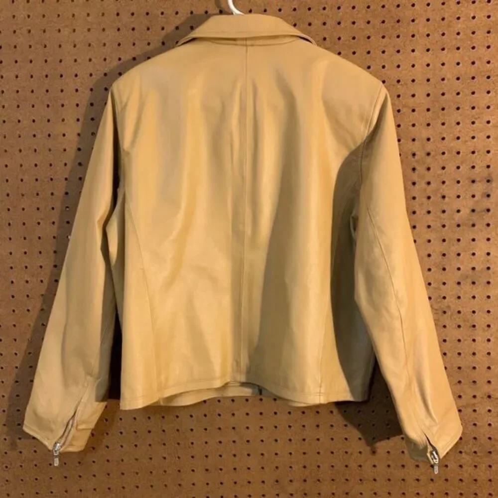 VTG Tan Leather Jacket Blazer 90s Y2K Newport‎ News Minimal Full Zip Retro Sz 14